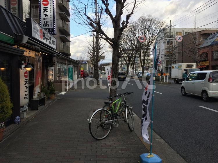 陽が落ち始めた京都の白川通りと車、街並み 白川通,道路,歩道の写真素材