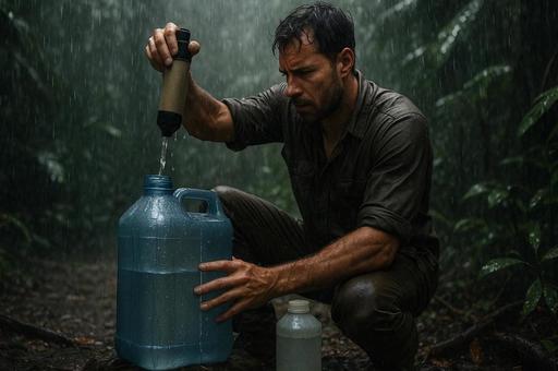 雨林で水を濾過する人物 雨林で水を濾過する人物の写真