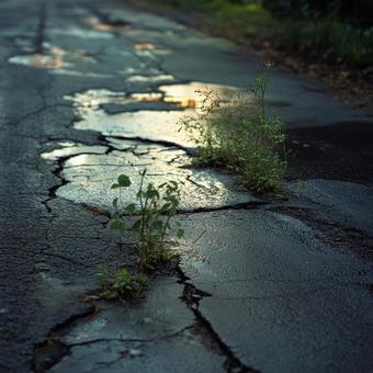 ひび割れた舗装道路と雨上がりの水たまりの写真