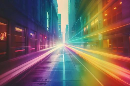 レインボーカラーが彩る都市の夜の写真
