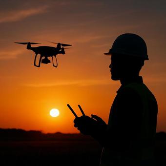 夕景ドローン操縦 夕景ドローン操縦の写真