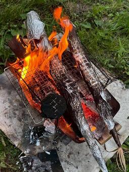 キャンプ焚き火　タケノコ キャンプ,まなかの森キャンプ&リゾート,キャンプ飯の写真素材