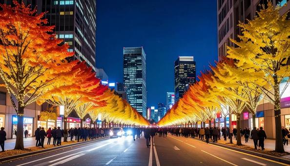 クリスマスの夜の街路樹の通りの写真