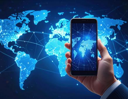 スマホと世界ネットワーク｜グローバル通信 スマートフォン,スマホを持つ手,世界地図の写真素材