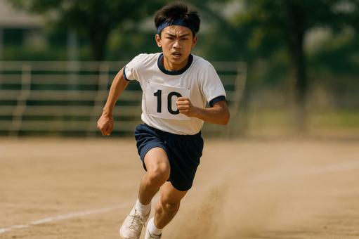 フィールドを全力で駆け抜ける男子中学生 フィールドを全力で駆け抜ける男子中学生の写真