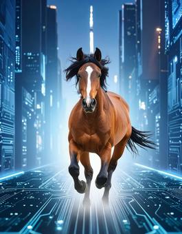 午年フォト・未来都市を駆ける馬の写真