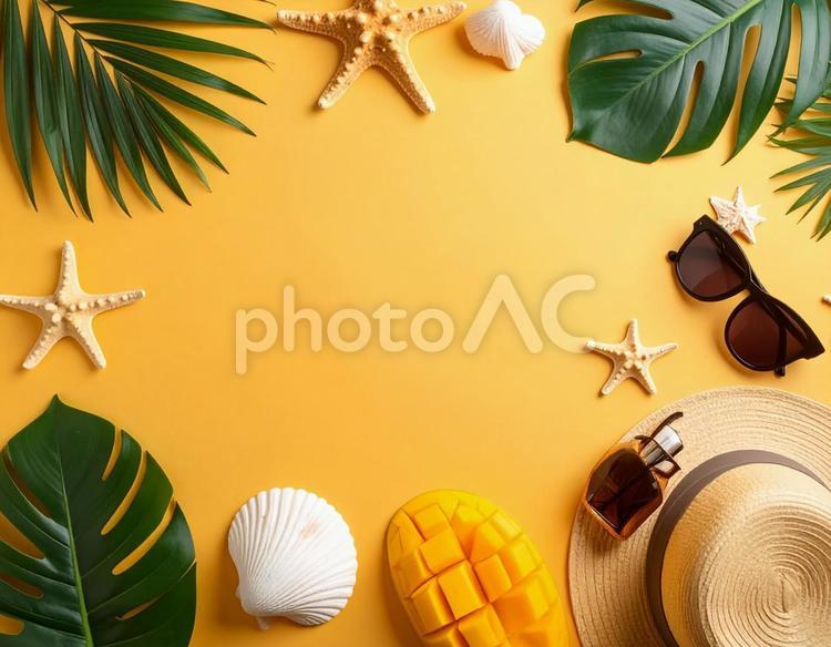 夏のアイテムと貝と夏っぽい葉っぱ 夏,ビーチ,海の写真素材