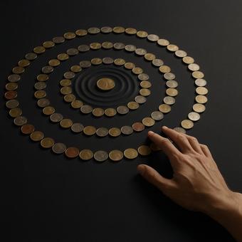 螺旋状の硬貨と手(経済の循環) 螺旋状の硬貨と手(経済の循環)の写真