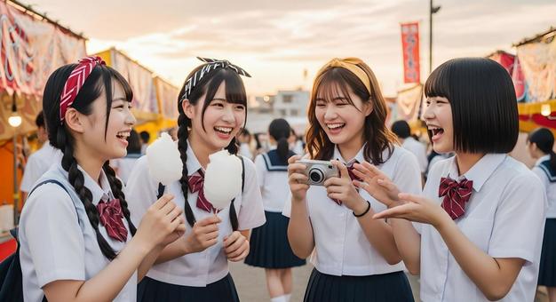 お祭りを楽しむ笑顔の女子高校生たちの写真