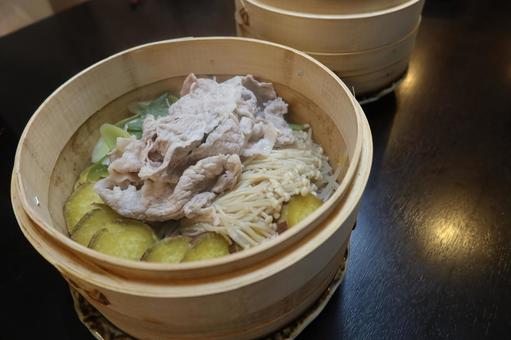 Photo, a steamer, steamed dishes, pork, 