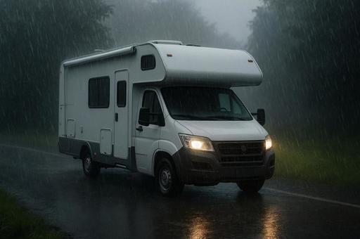 大雨の中を走るキャンピングカー 大雨の中を走るキャンピングカーの写真