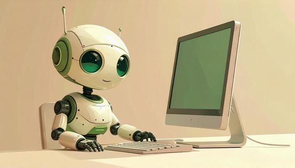 パソコンで作業するロボット パソコンで作業するロボットの写真