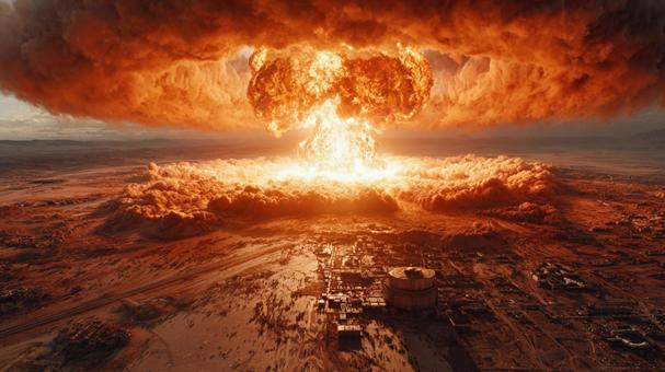 終末を告げるキノコ雲と燃え上がる都市 終末を告げるキノコ雲と燃え上がる都市の写真