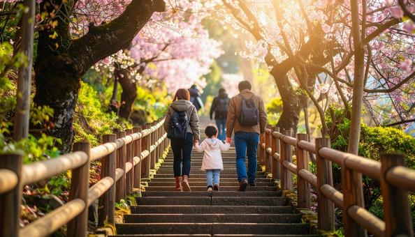 階段を登る日本人家族の写真
