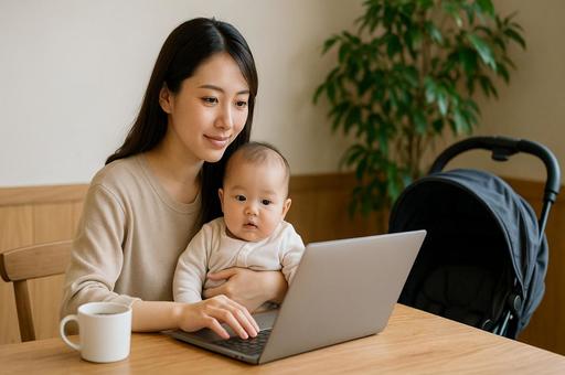家で赤ちゃんとリモートワークする女性 家で赤ちゃんとリモートワークする女性の写真