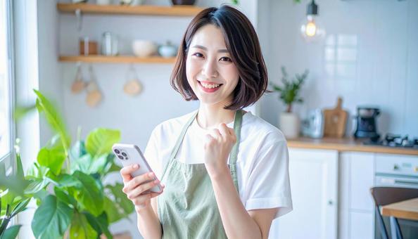 スマホでポイ活する笑顔の女性 スマホでポイ活する笑顔の女性の写真