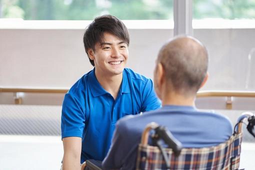 坐輪椅的老人和看護者, 老年人, 介护士, 男人, JPG