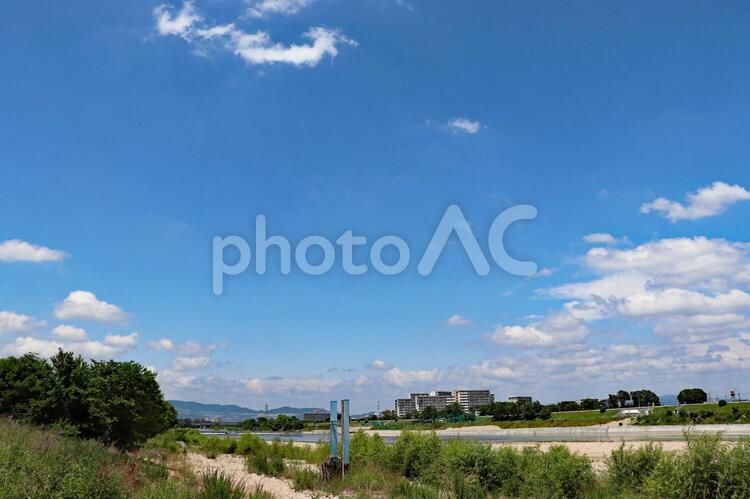 晴れの日の河川敷 晴れ,空,川の写真素材