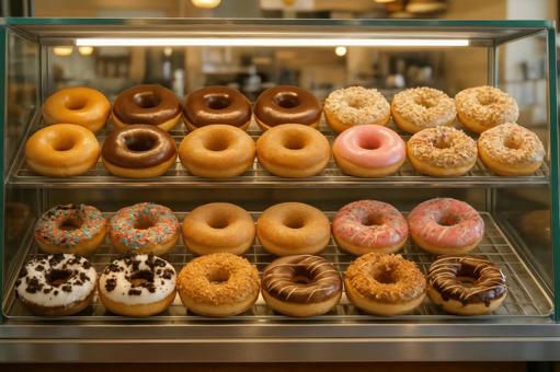 ショーケースに整然と並ぶドーナツの写真