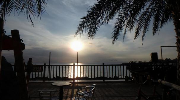 夕日が照らす海辺のテラス 夕日が照らす海辺のテラス 南国,ヤシの木,テラスの写真素材