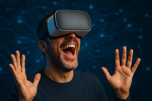 VR体験に大興奮する笑顔の男性 VR体験に大興奮する笑顔の男性の写真