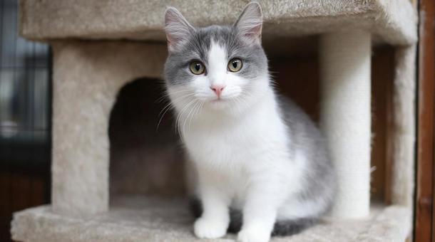 キャットタワーでおすわりしてる白グレー猫 キャットタワーでおすわりしてる白グレー猫の写真