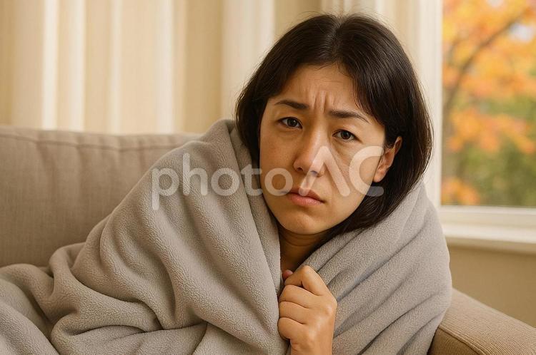 秋の寒暖差で体調不良の女性・疲れ・不調 秋,体調不良,女性の写真素材