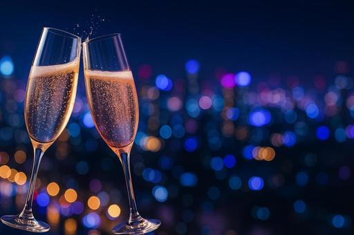 夜景とシャンパンの写真
