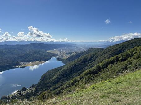 小熊山から見る秋の木崎湖　長野県大町市 小熊山,木崎湖,水鏡の写真素材