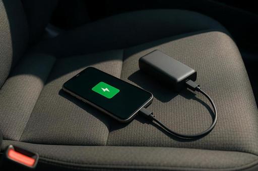車内放置されたスマホとモバイルバッテリー 車内放置されたスマホとモバイルバッテリーの写真
