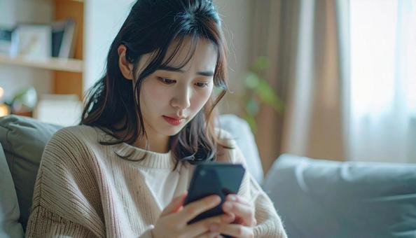 不安げにスマホを見る女性の写真