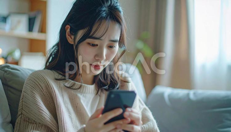 不安げにスマホを見る女性 女性,人物,1人の写真素材