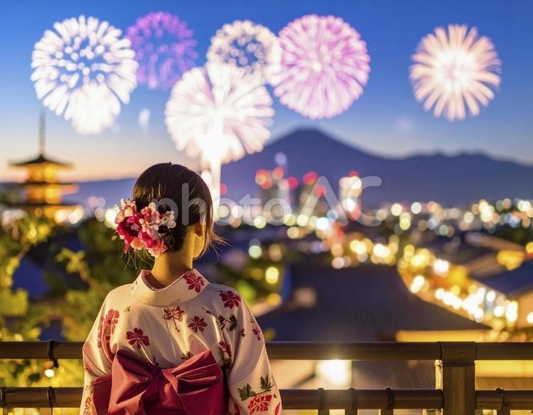 打ち上げ花火と浴衣の若い女性　生成AI　　 女性,浴衣,花火大会の写真素材