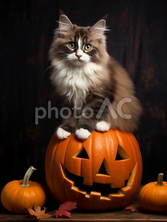 ハロウィーンかぼちゃと猫 秋,動物,猫の写真素材