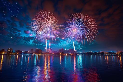 水面に映る夜空の花火 水面に映る夜空の花火の写真
