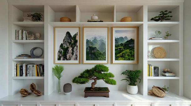 本棚と観葉植物のある部屋の写真