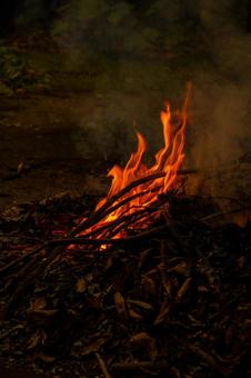 落ち葉と枯れ枝の焚き火で燃える炎 火,炎,燃えるの写真素材
