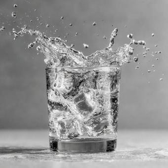 グラスから弾ける水しぶきと氷 グラスから弾ける水しぶきと氷の写真