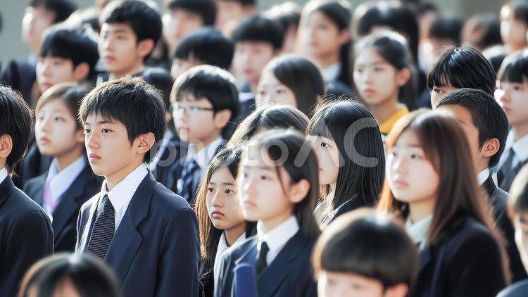 真剣なまなざしで並ぶ制服姿の学生たち 学生,女子,男子の写真素材