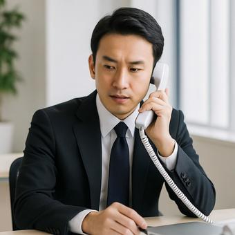 電話対応をする中堅社員ビジネスマンの写真