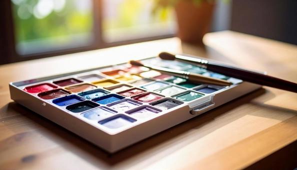 絵の具のパレットと筆 絵の具のパレットと筆の写真