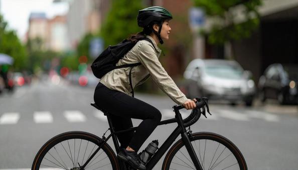 ロードバイクでサイクリングする女性 ロードバイクでサイクリングする女性の写真