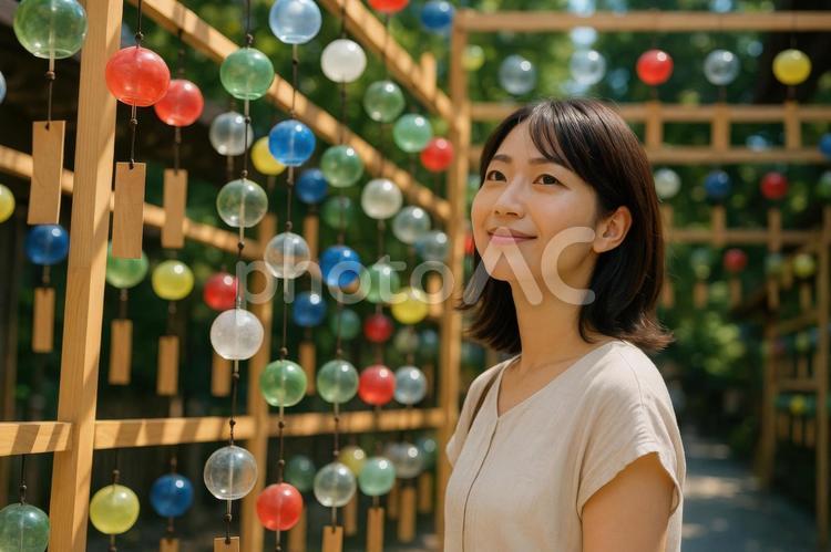 風鈴を見上げる旅行者 日本人,女性,旅行者の写真素材