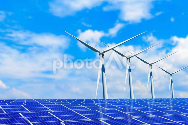 風力発電とソーラーパネル 再生可能エネルギーイメージ ソーラーパワー,空,パワーの写真素材