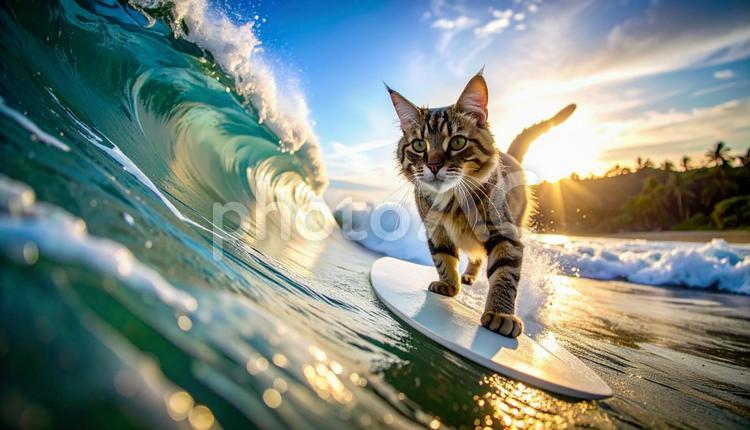 サーフィンをする猫02 猫,海,サーフィンの写真素材
