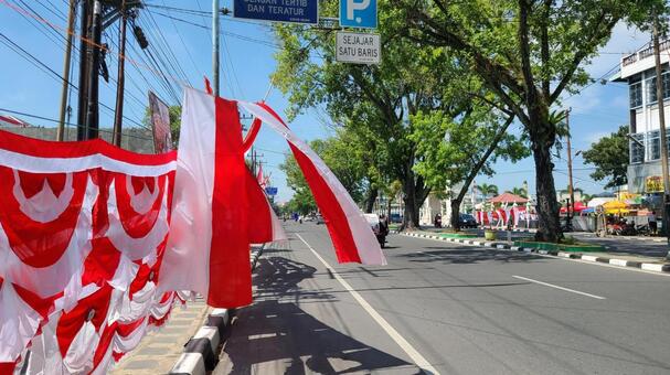 インドネシアの国旗 国旗,通り,道の写真素材
