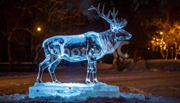 夜の公園に輝く氷のシカの彫刻 氷,彫刻,鹿の写真素材