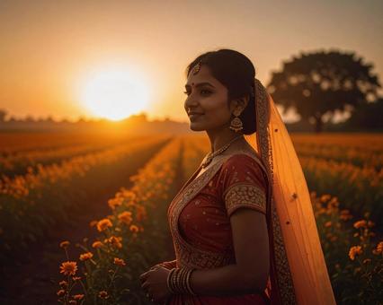夕日で照らされた女性 夕日で照らされた女性の写真