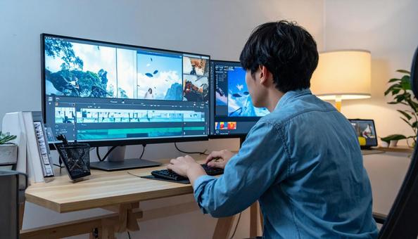 動画編集する男性 動画編集する男性の写真