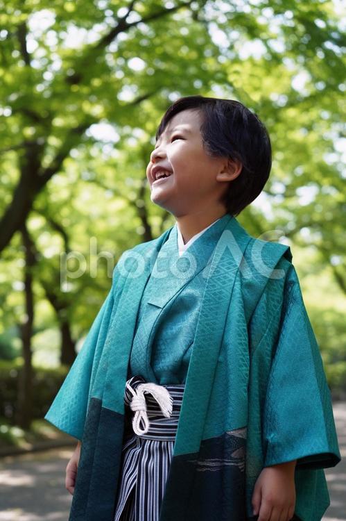 七五三の着物姿の5歳の日本人の男の子 子供,子ども,七五三の写真素材